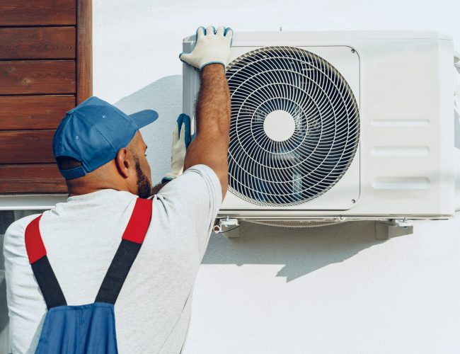 Repairman in uniform installing the outside unit of air conditioner close up
